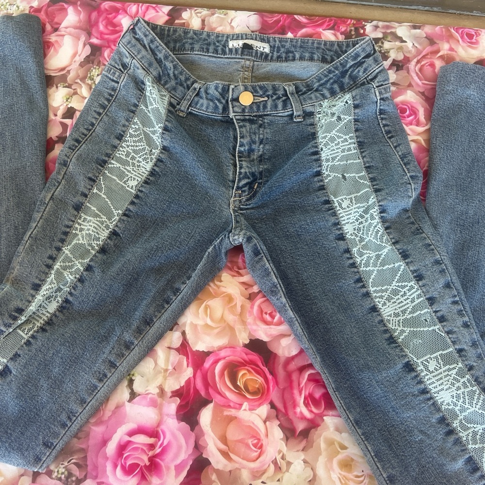 Blue Flare Jeans with Vertical Frayed Stripes#Y2K